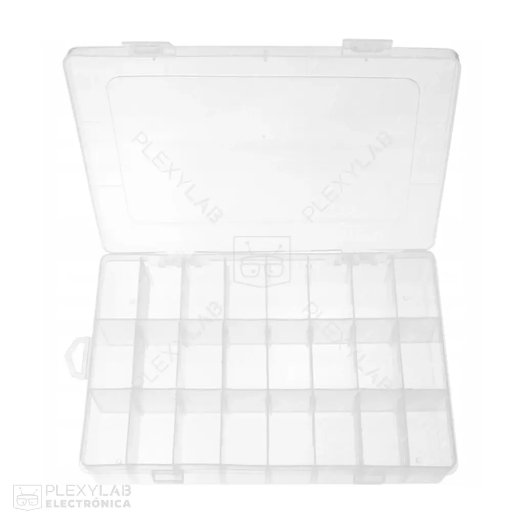 Caja plástica, organizador de 24 compartimentos, para almacenamiento de componentes, dimensiones 195x130x36 mm