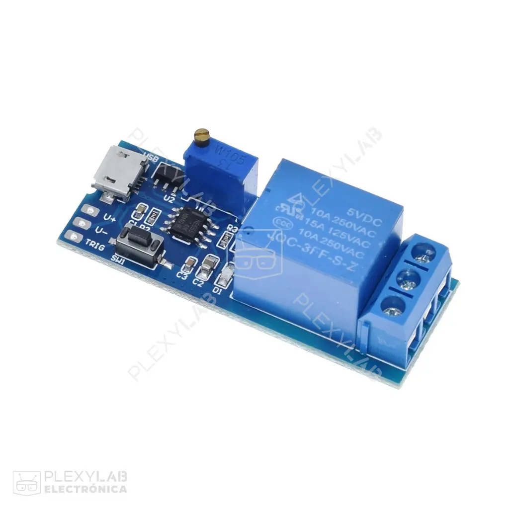 Módulo relé temporizador NE555, con trigger y retardo ajustable analógico, alimentación micro USB o entrada de 5V a 30V