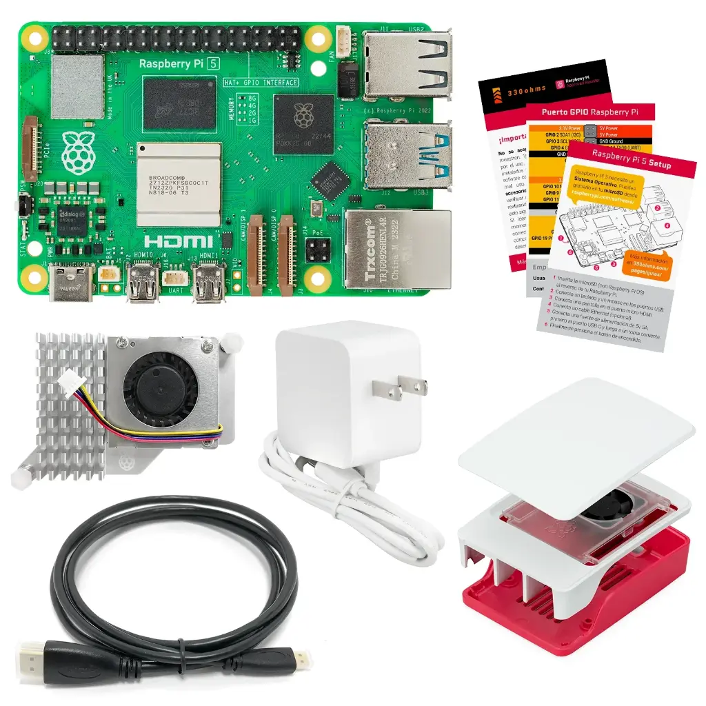 Kit Raspberry Pi 5 - 8 GB, incluye case Oficial, disipador de calor activo y cargador oficial 5.1V 5A 27W USB-C