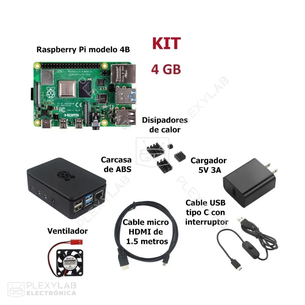 Kit Raspberry Pi 4B, incluye RPi, micro SD 64 GB, carcasa, fuente genérica, cable uHDMI, ventilador y 4 disipadores