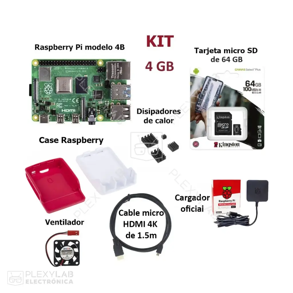 Kit Raspberry Pi 4B, incluye RPi, micro SD 64 GB, carcasa, cable uHDMI 4K, fuente oficial, ventilador y 4 disipadores