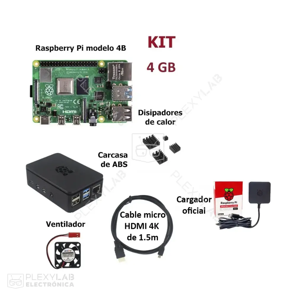Kit Raspberry Pi 4B, incluye RPi, micro SD 64 GB, carcasa, cable uHDMI 4K, fuente oficial, ventilador y 4 disipadores