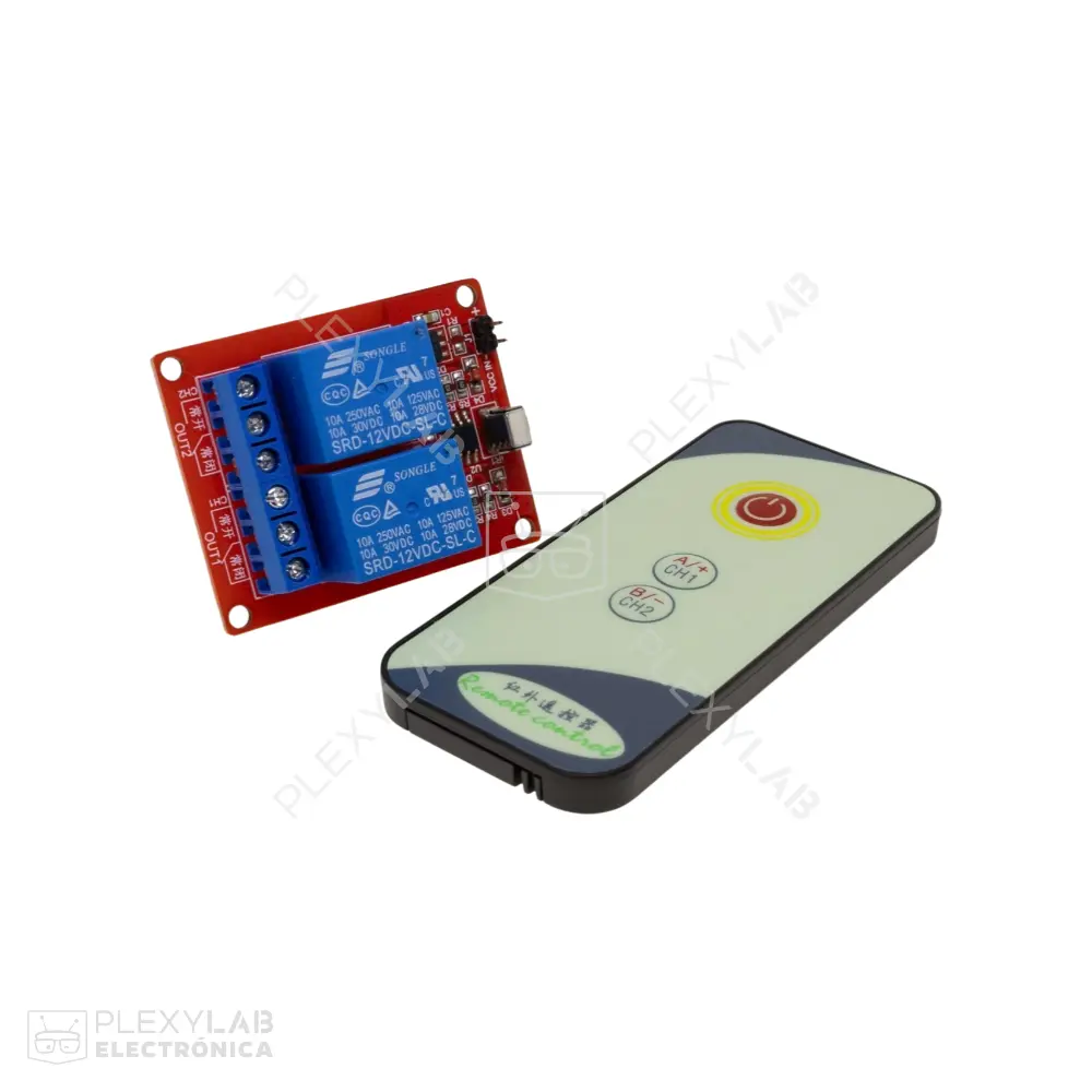 Módulo relé de 2 canales con receptor infrarrojo IR y control remoto