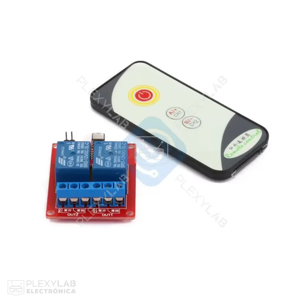 Módulo relé de 2 canales con receptor infrarrojo IR y control remoto