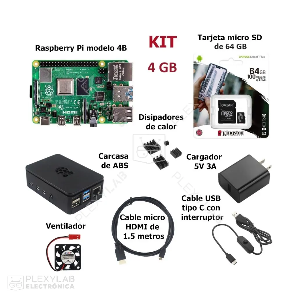 Kit Raspberry Pi 4B, incluye RPi, micro SD 64 GB, carcasa, fuente ...