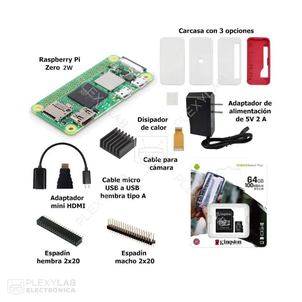 Kit Raspberry Pi Zero 2 W incluye case original, cable USB, micro SD 64 GB, peinetas, disipador, fuente 5V 2A